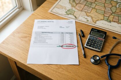 Ways to save on healthcare costs: hospital bill showing $3,800 crossed out with pen, calculator, and US map pin
