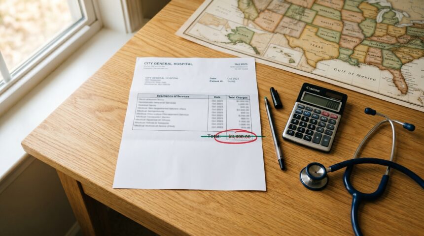 Ways to save on healthcare costs: hospital bill showing $3,800 crossed out with pen, calculator, and US map pin