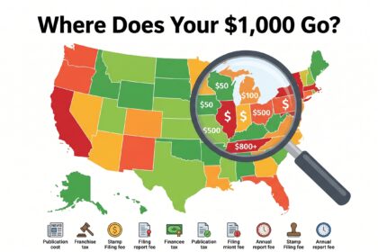 Map showing cheapest state to register an LLC in green, most expensive in red, with hidden fee icons and dollar amounts.