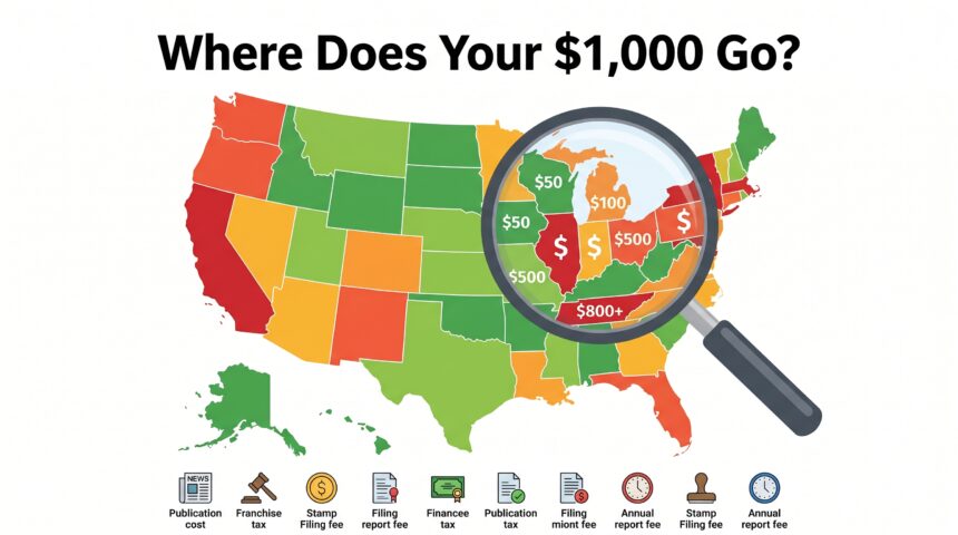 Map showing cheapest state to register an LLC in green, most expensive in red, with hidden fee icons and dollar amounts.