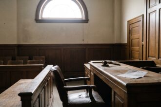 Empty courtroom with a jury summons letter and gavel on the judge's bench, illustrating missing jury duty and possible legal consequences.