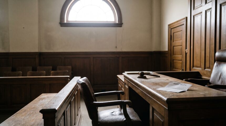 Empty courtroom with a jury summons letter and gavel on the judge's bench, illustrating missing jury duty and possible legal consequences.