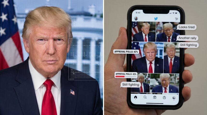 Split image comparing official White House health claims and public viral clips related to age and health concerns about Donald Trump.